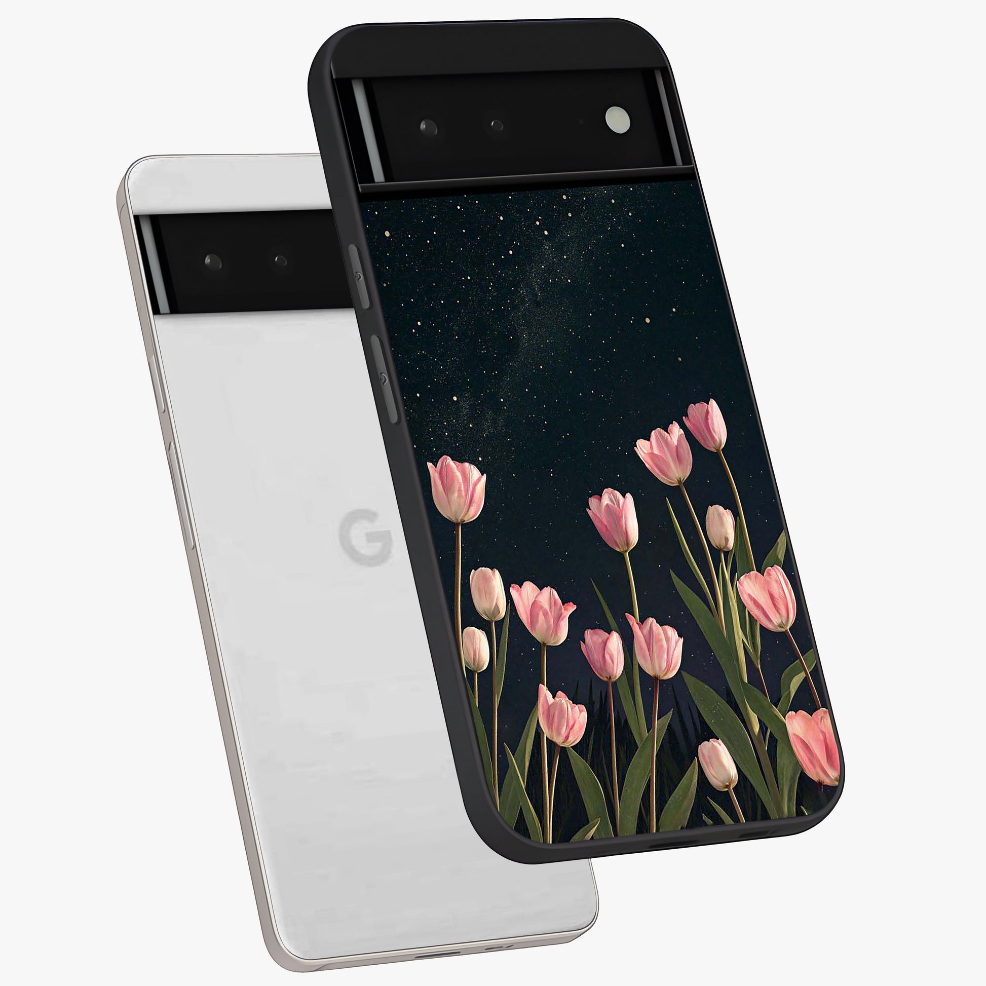 Midnight Tulip Whispers Vibe Glass Case displayed in angled mockup highlighting delicate tulip design with midnight floral aesthetic.