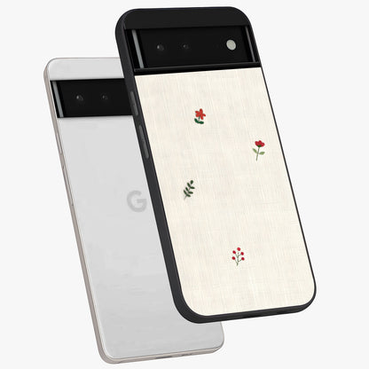 Minimalistic Blue With White Flower Pattern Glass Case displayed in angled mockup highlighting simple floral design with minimal aesthetic.