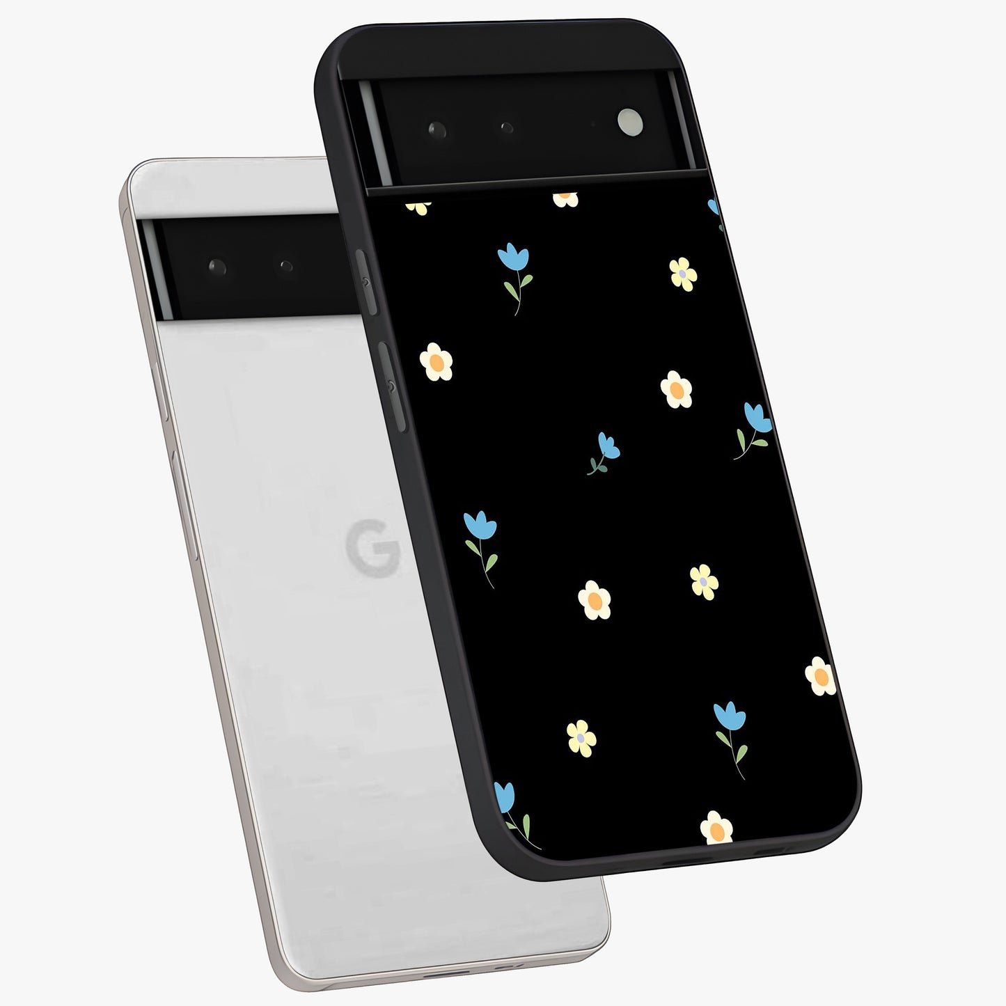 Minimal Petal Whispers Glass Case displayed in angled mockup highlighting delicate petal design with clean minimal aesthetic.