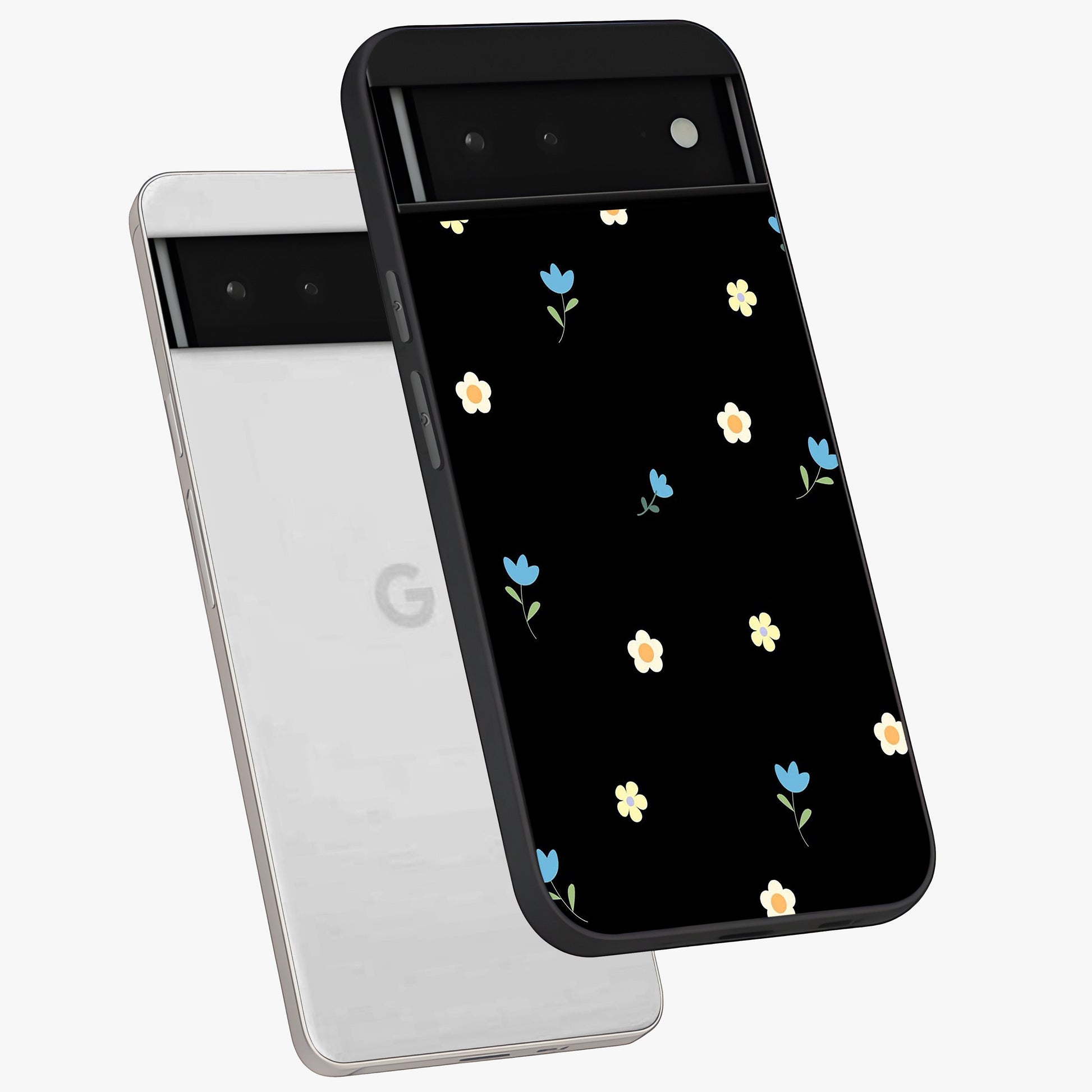 Minimal Petal Whispers Glass Case displayed in angled mockup highlighting delicate petal design with clean minimal aesthetic.