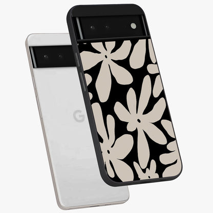 Monochrome Petal Dance Glass Case displayed in angled mockup highlighting elegant petal design with black and white aesthetic.