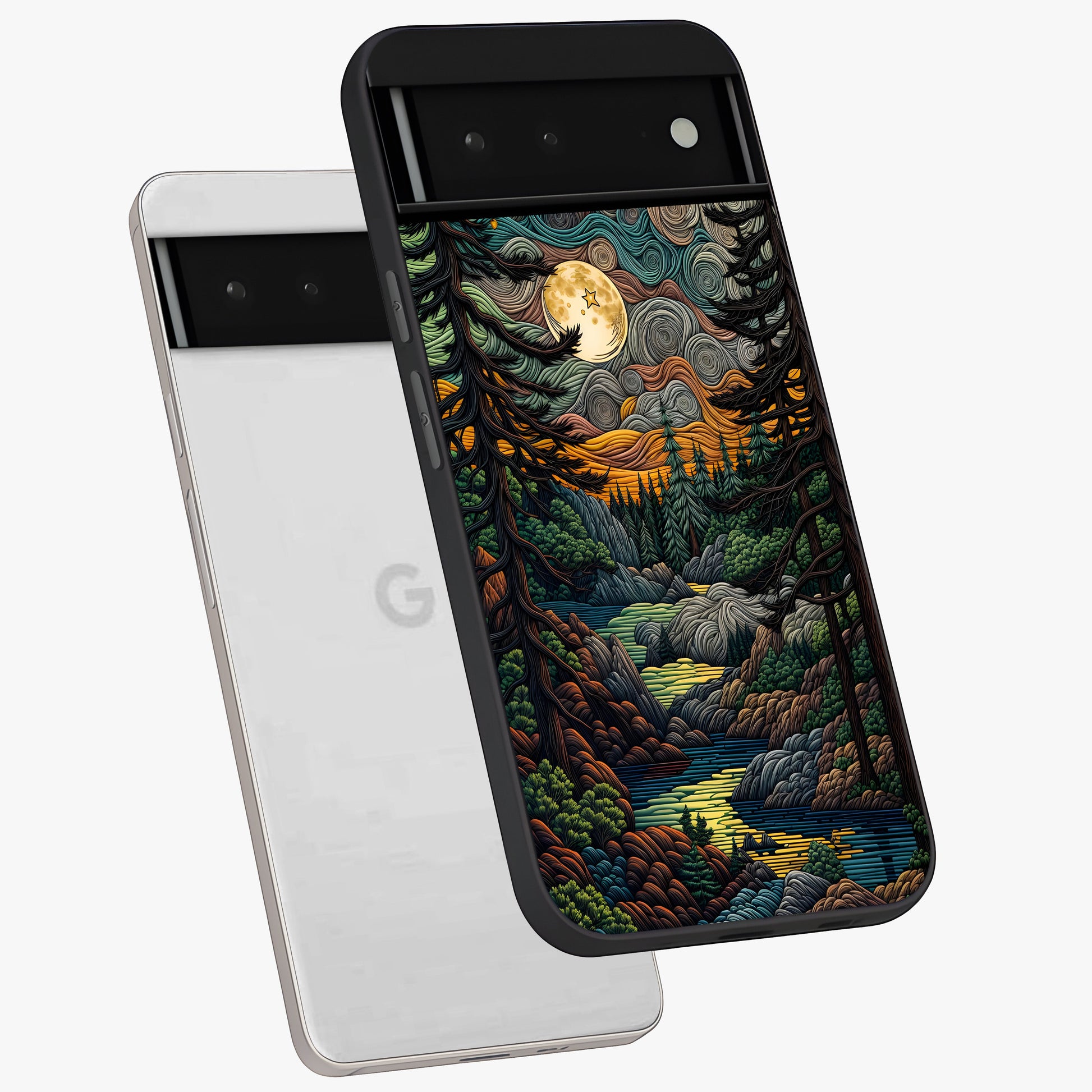 Moonlight Forest Dream Glass Case displayed in angled mockup highlighting dreamy forest design with glowing moon aesthetic.