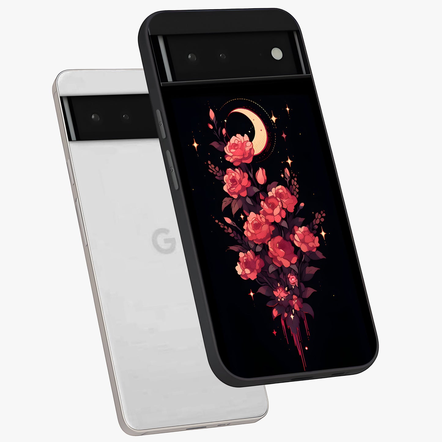 Moonlit Floral Elegance Glass Case displayed in angled mockup highlighting graceful flower design with soft moonlight aesthetic.