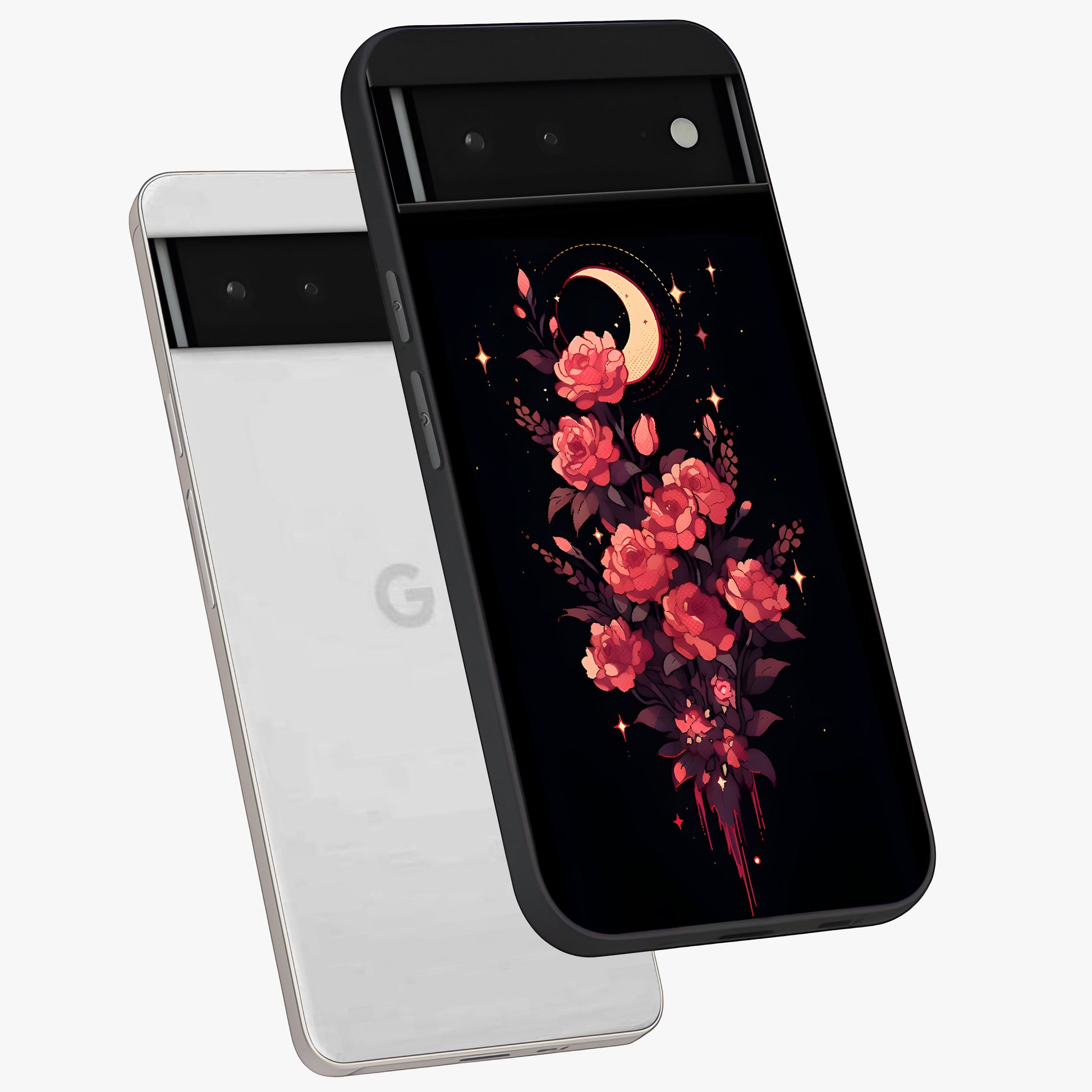Moonlit Floral Elegance Glass Case displayed in angled mockup highlighting graceful flower design with soft moonlight aesthetic.