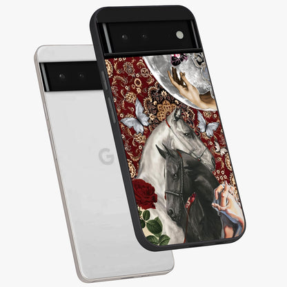 Moonlit Royal Stallion Glass Case displayed in angled mockup highlighting powerful stallion illustration with royal night aesthetic.
