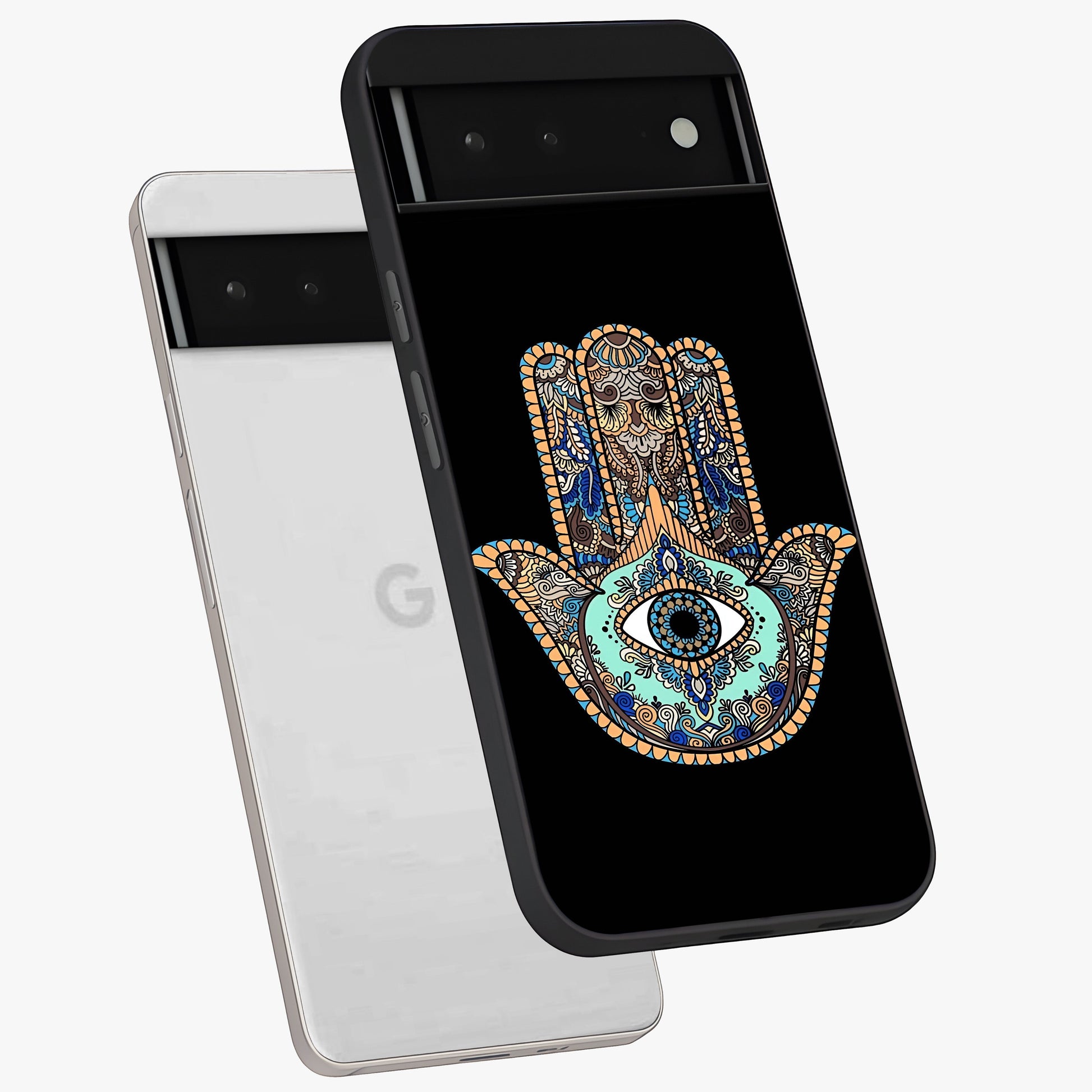 Mystic Hamsa Eye Glass Case displayed in angled mockup highlighting spiritual hamsa symbol with mystical aesthetic style.