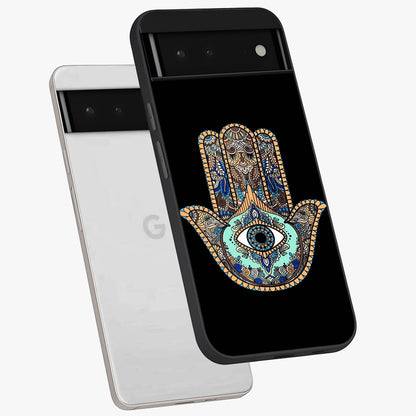 Mystic Hamsa Eye Glass Case displayed in angled mockup highlighting spiritual hamsa symbol with mystical aesthetic style.