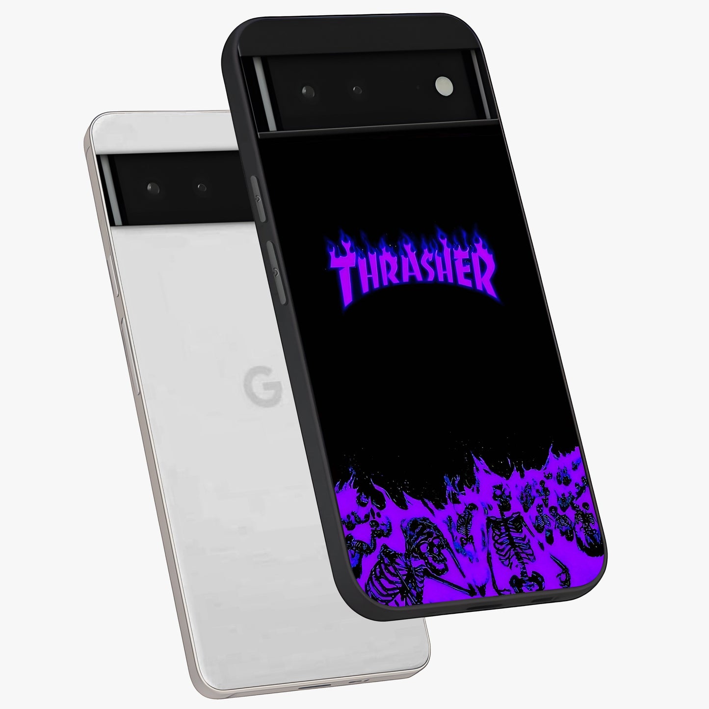 Neon Flame Riot Glass Case displayed in angled mockup highlighting glowing flame design with vibrant neon aesthetic.