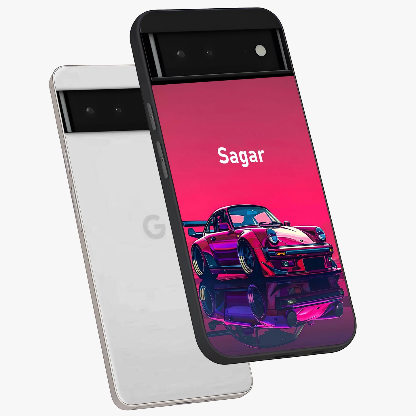 Neon Pink Porsche Glass Case displayed in angled mockup highlighting sleek neon pink car design with racing aesthetic.