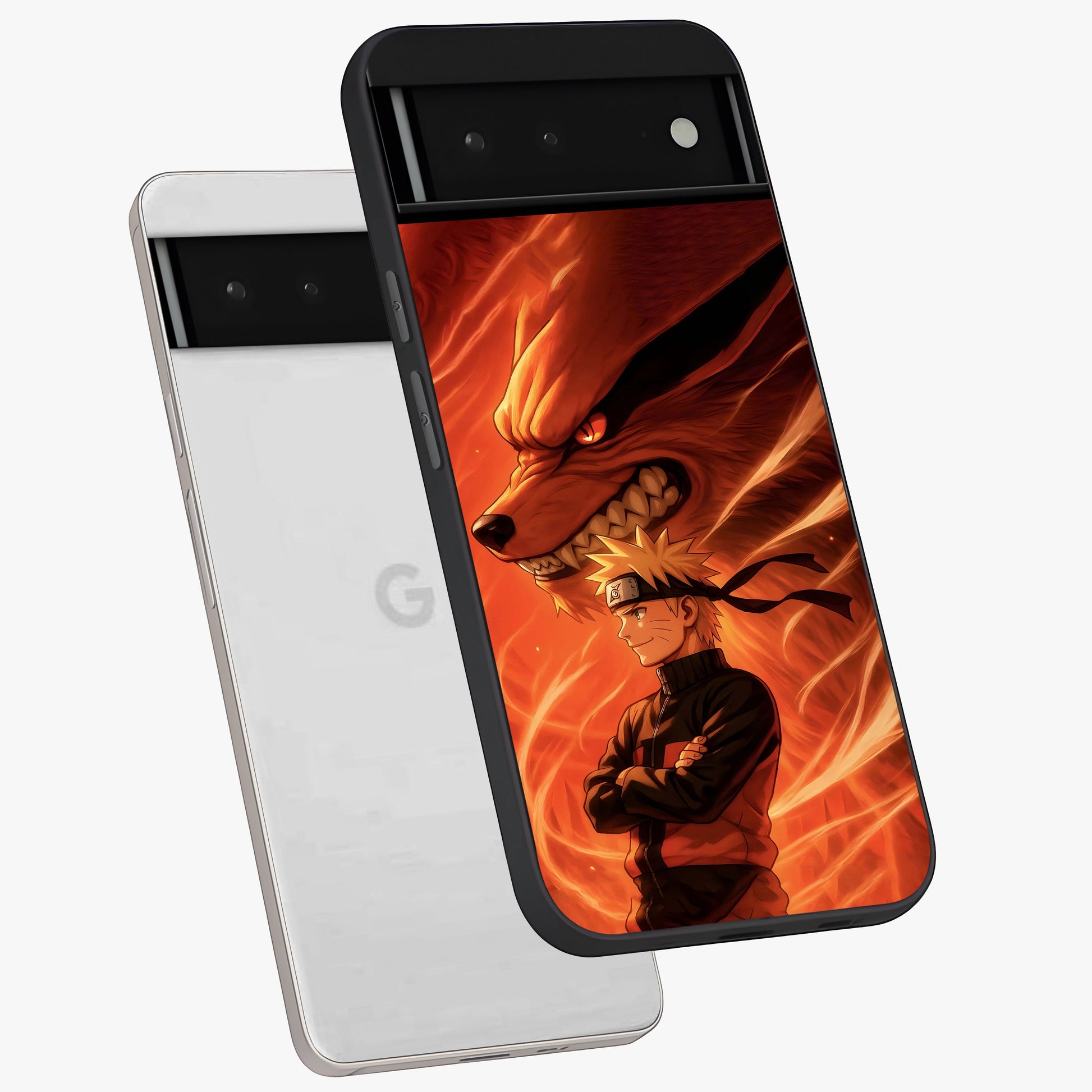 Nine Tails Legacy Glass Case displayed in angled mockup highlighting dynamic anime beast illustration with bold mystical aesthetic.