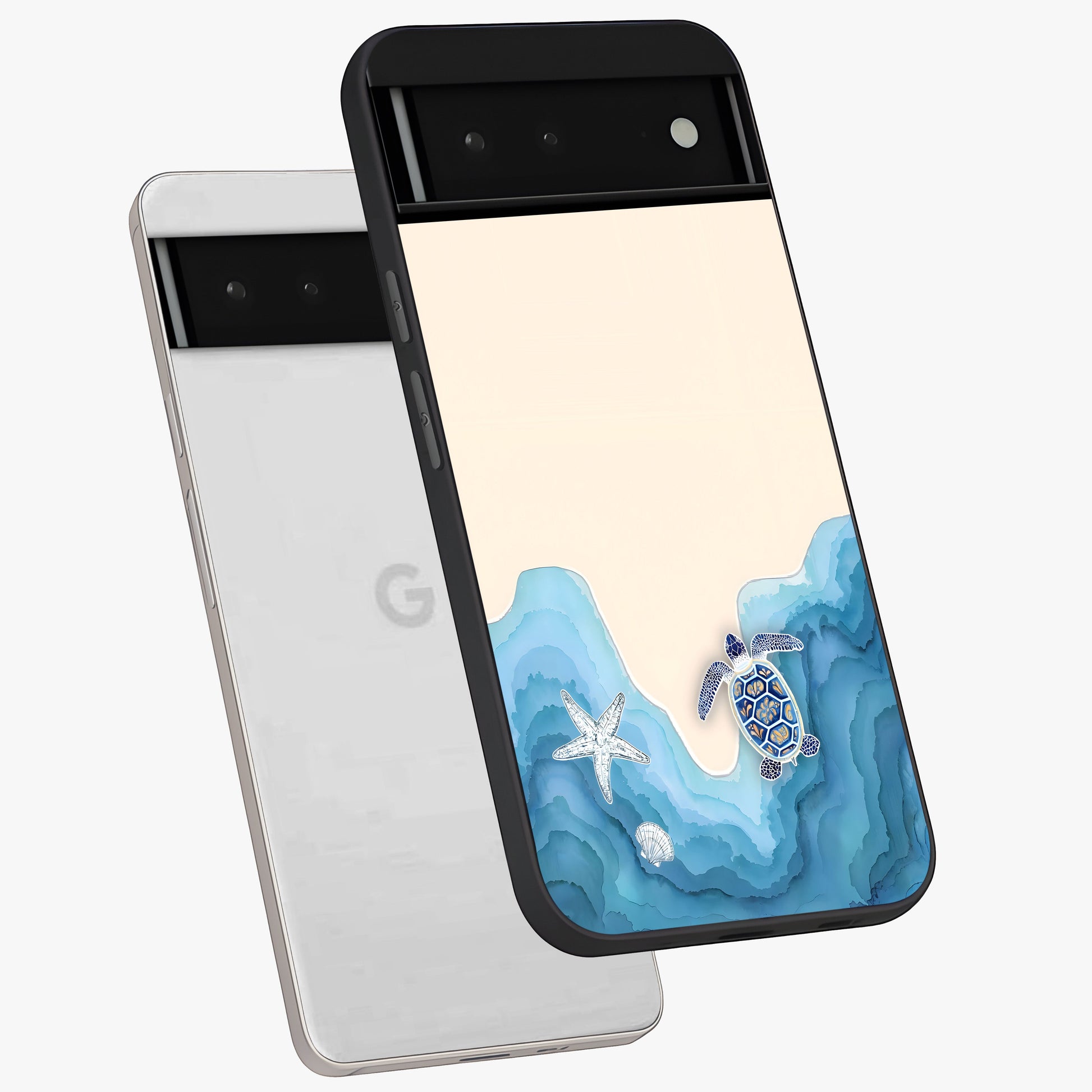 Ocean Drift Turtle Glass Case displayed in angled mockup highlighting peaceful ocean turtle illustration with marine aesthetic.