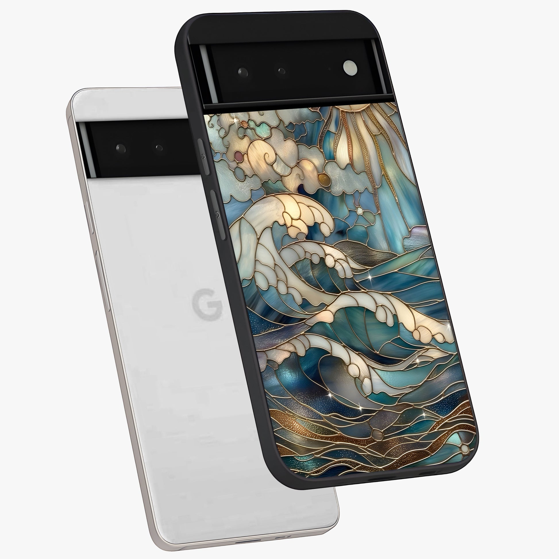 Oceanic Stained Printed Glass Case displayed in angled mockup highlighting colorful aquatic design with artistic aesthetic style.