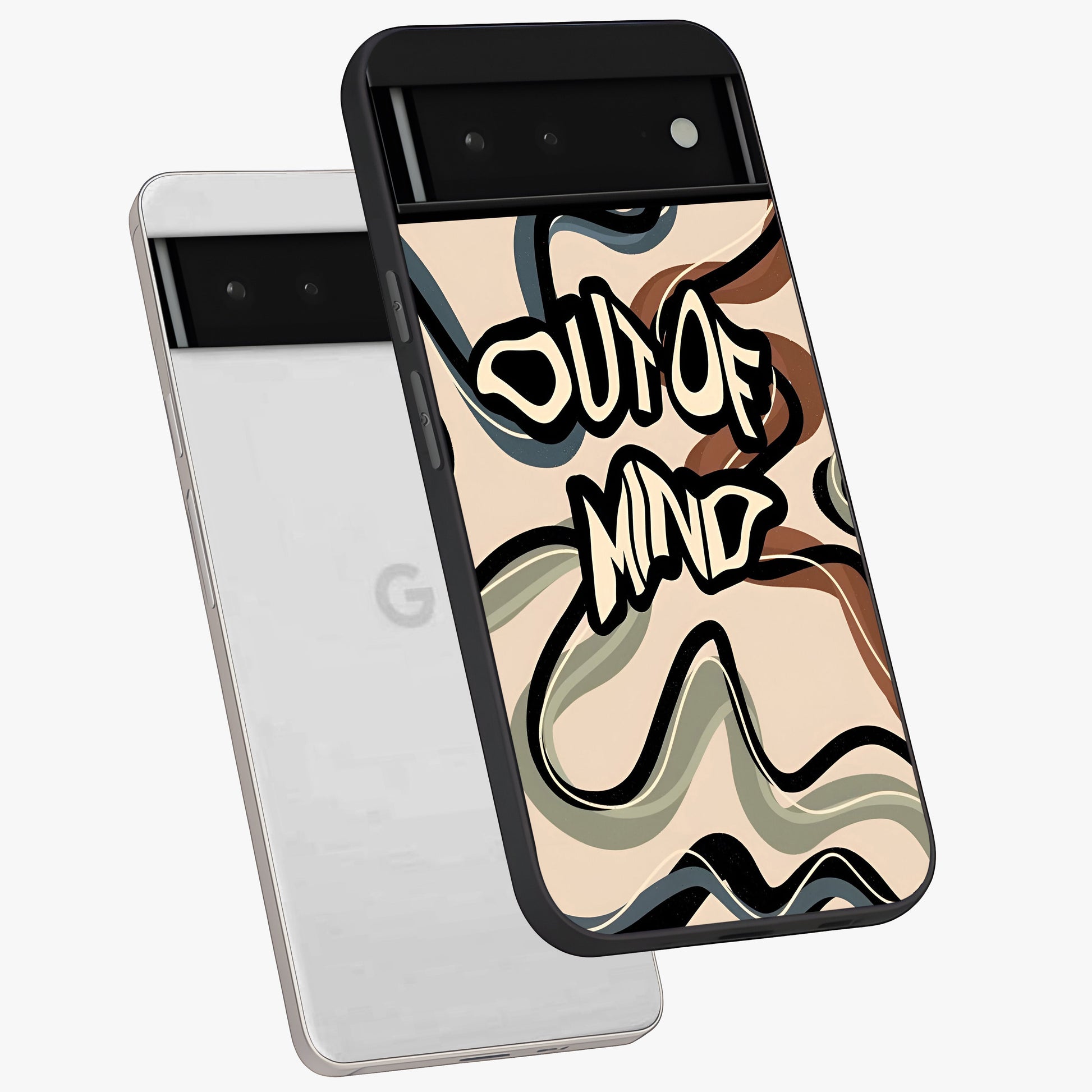 Out Of Mind Glass Case displayed in angled mockup highlighting bold statement design with modern artistic aesthetic.