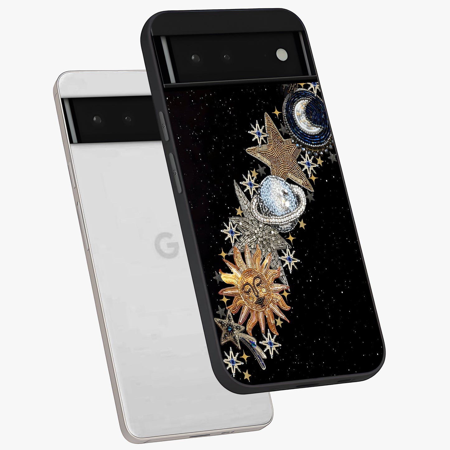 Pearls Universe Object Glass Case displayed in angled mockup highlighting celestial pearl design with dreamy aesthetic.