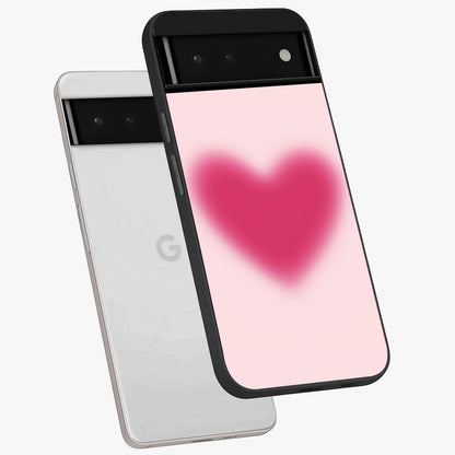Pink Aura Heart Glass Case displayed in angled mockup highlighting vibrant pink heart design with dreamy aura aesthetic.