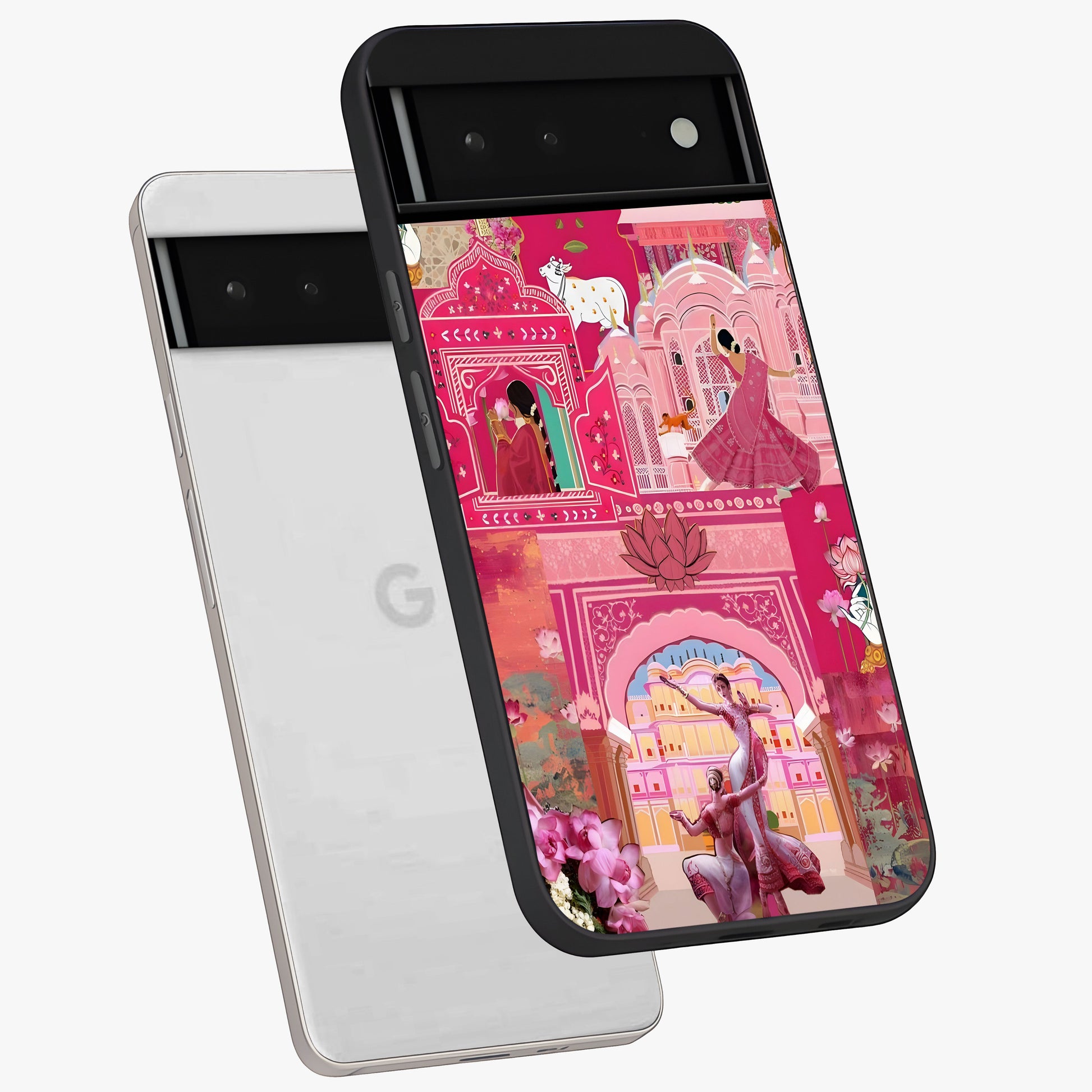 Pink Palace Muse Glass Case displayed in angled mockup highlighting dreamy palace illustration with soft pink aesthetic.
