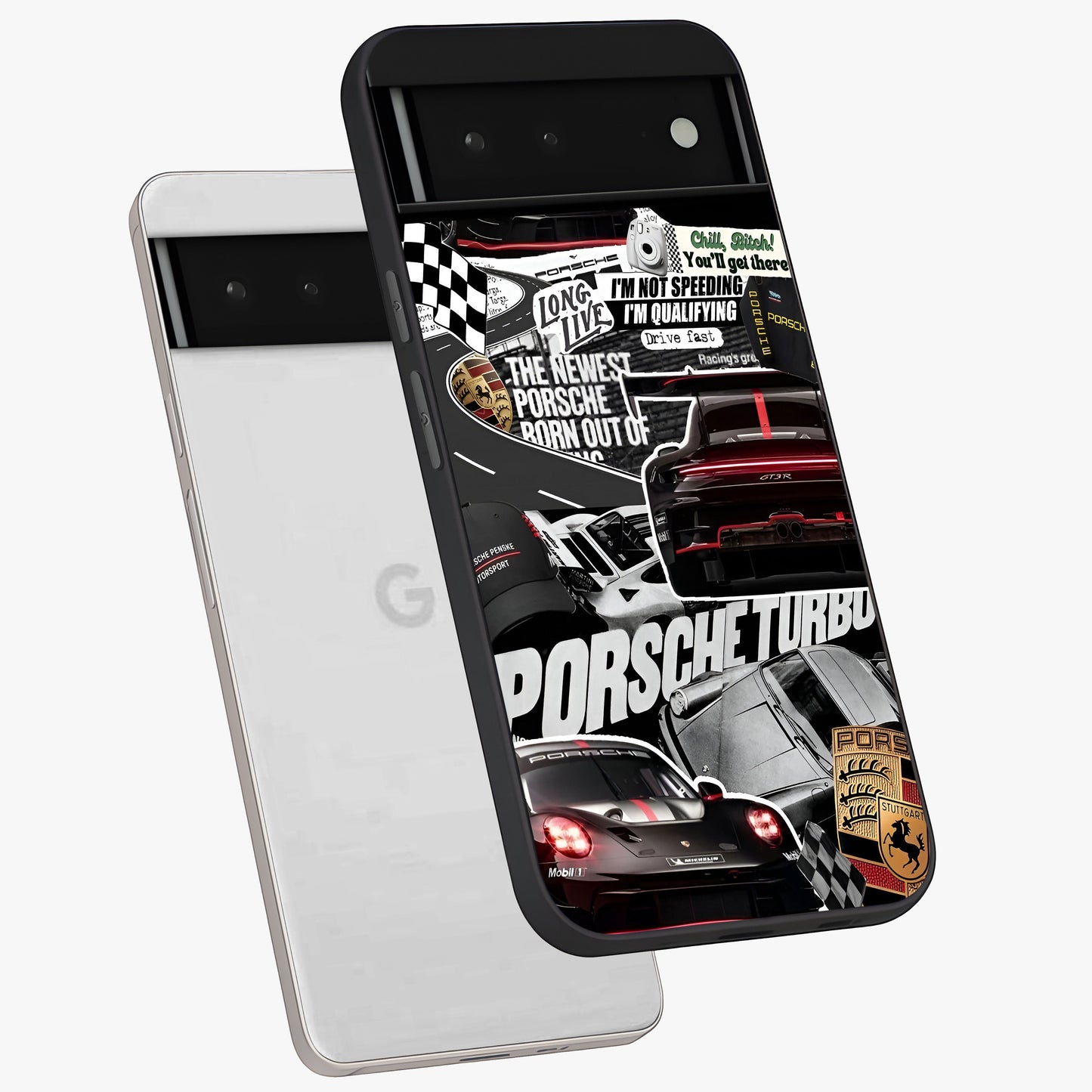 Porsche Racing Collage Glass Case displayed in angled mockup highlighting dynamic automotive design with bold racing aesthetic.