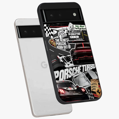 Porsche Racing Collage Glass Case displayed in angled mockup highlighting dynamic automotive design with bold racing aesthetic.