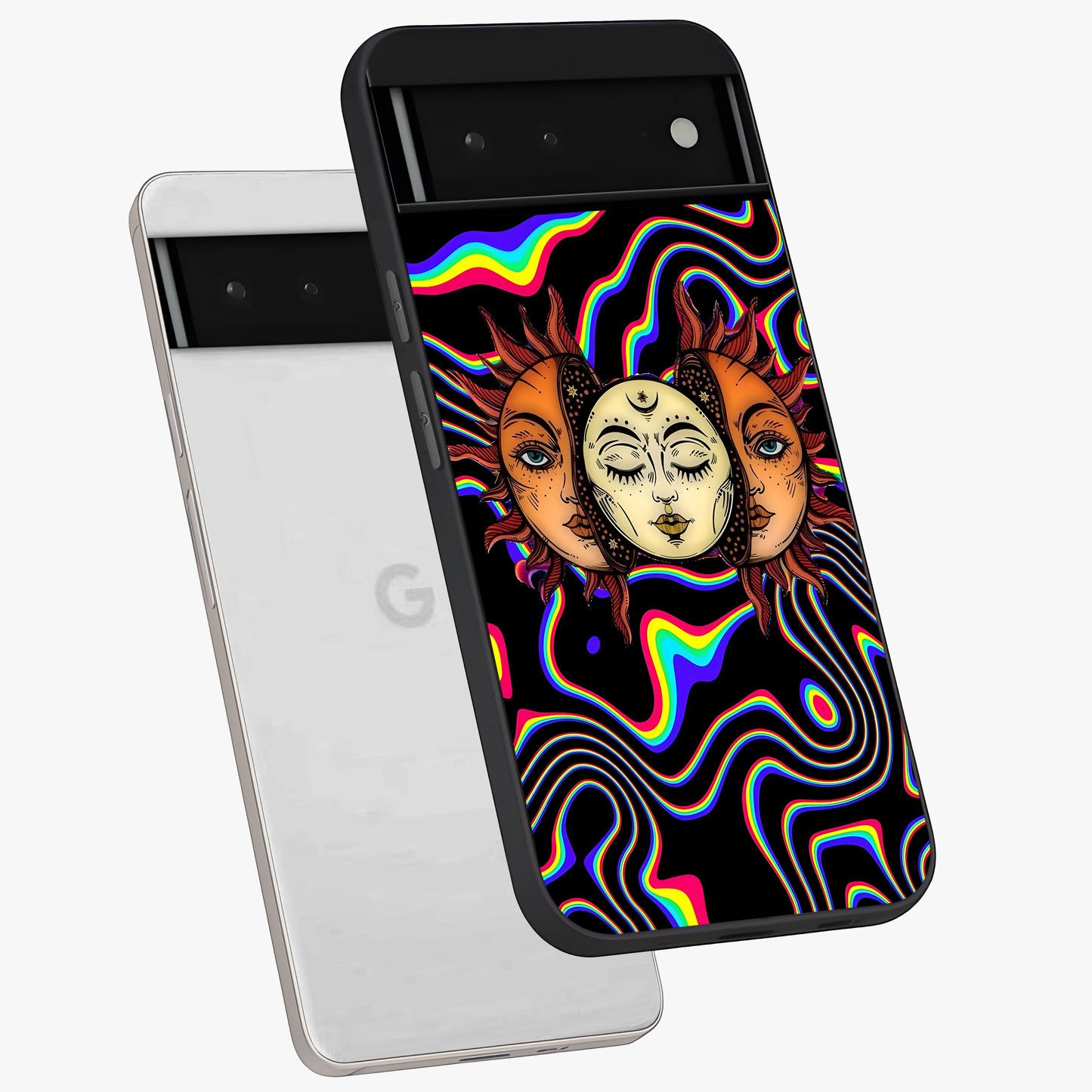 Psychedelic Sun Glass Case displayed in angled mockup highlighting vibrant abstract sun design with artistic aesthetic style.