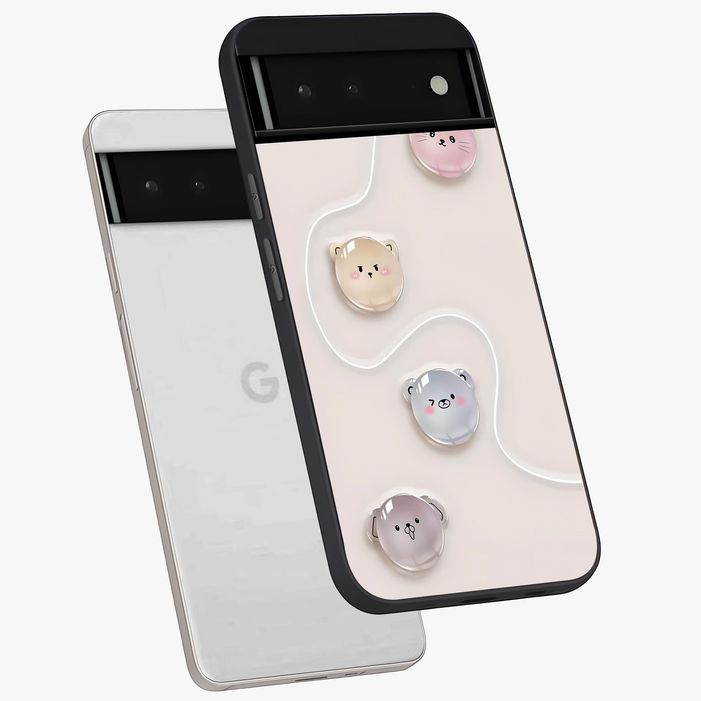 Puffy Face Parade Glass Case displayed in angled mockup highlighting playful cartoon face design with fun aesthetic.