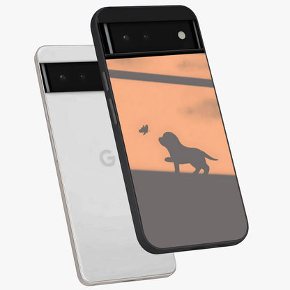 Puppy Shadow Art Glass Case displayed in angled mockup highlighting playful dog illustration with artistic shadow aesthetic.