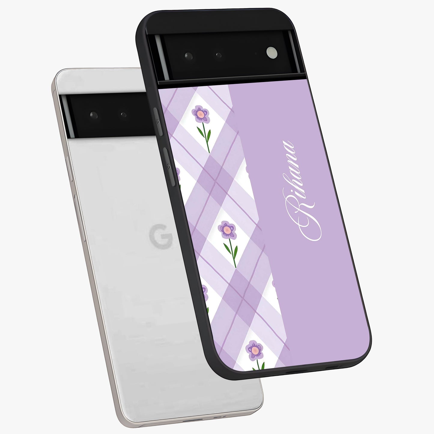 Purple Diamond Floral Glass Case displayed in angled mockup highlighting elegant purple flower design with decorative pattern.