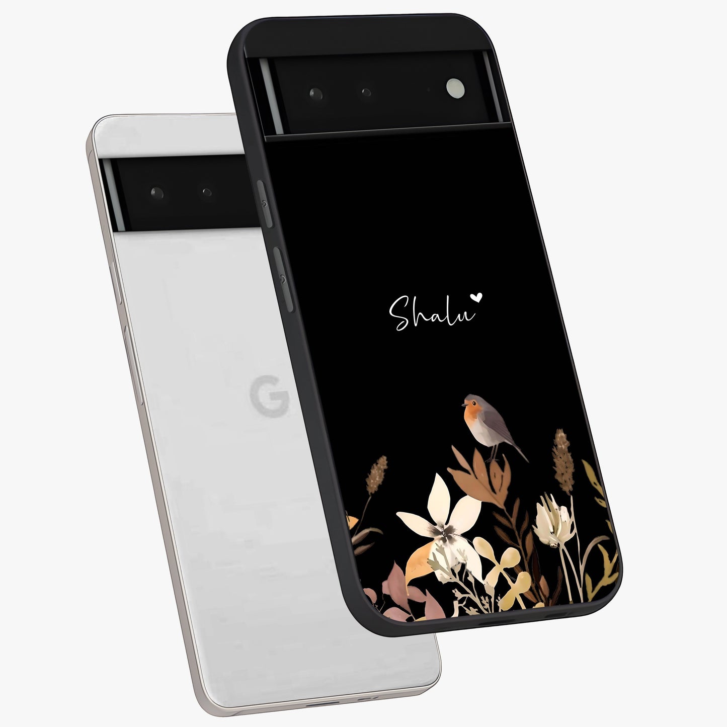Quiet Garden Tune Custom Name Glass Case displayed in angled mockup highlighting delicate floral garden design with custom name feature.