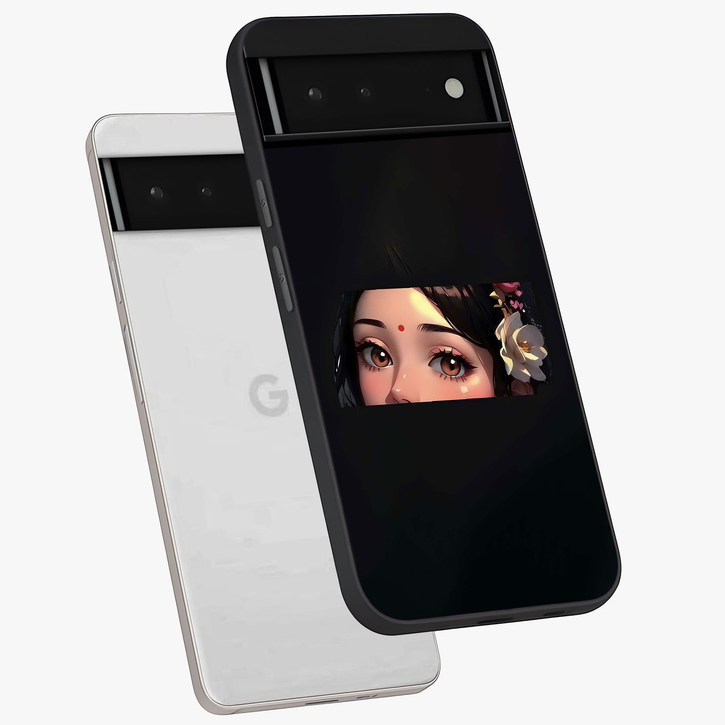 Radha Divine Embrace Glass Case displayed in angled mockup highlighting graceful spiritual illustration with divine aesthetic.