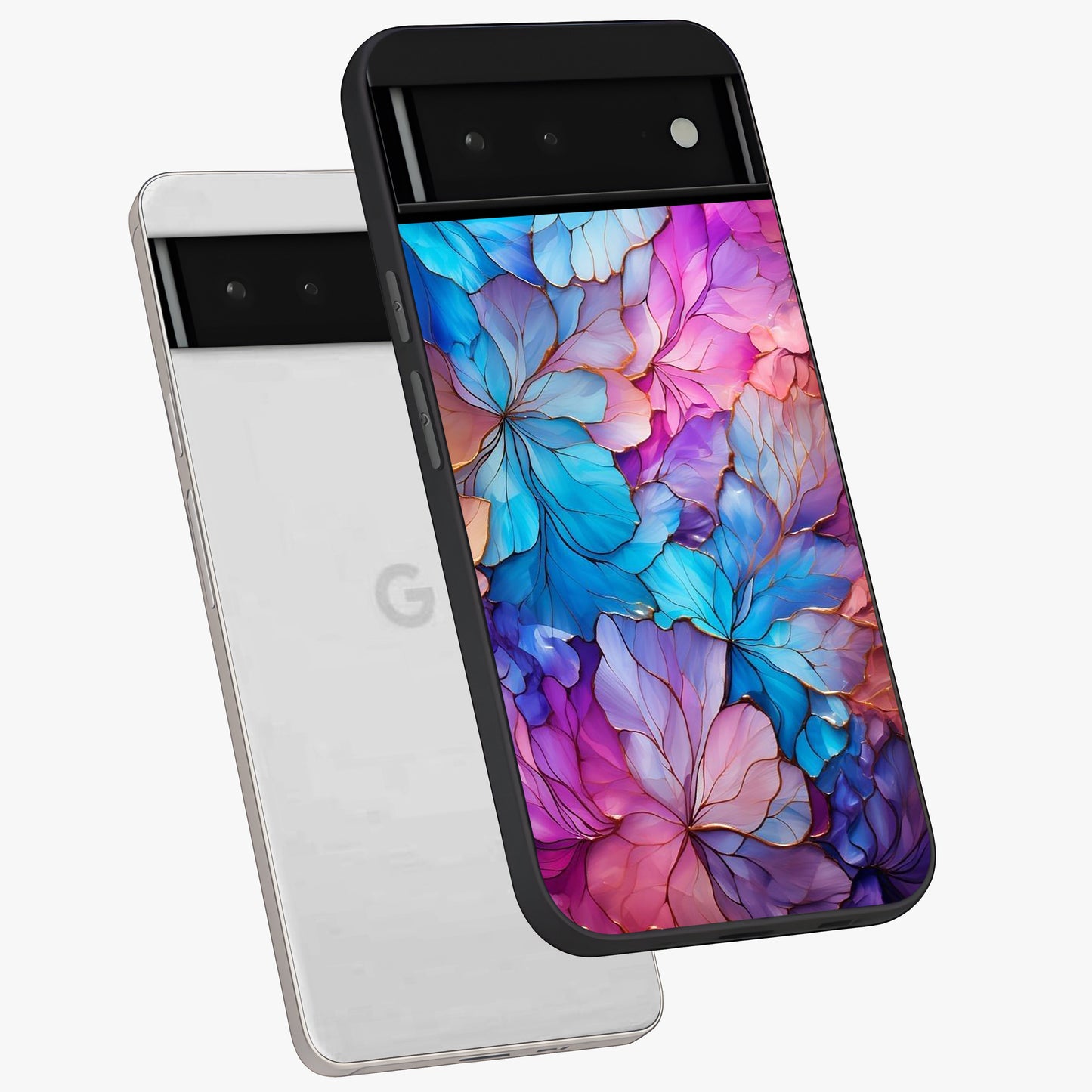 Radiant Floral Whirl Glass Case displayed in angled mockup highlighting vibrant flower pattern with dynamic artistic aesthetic.