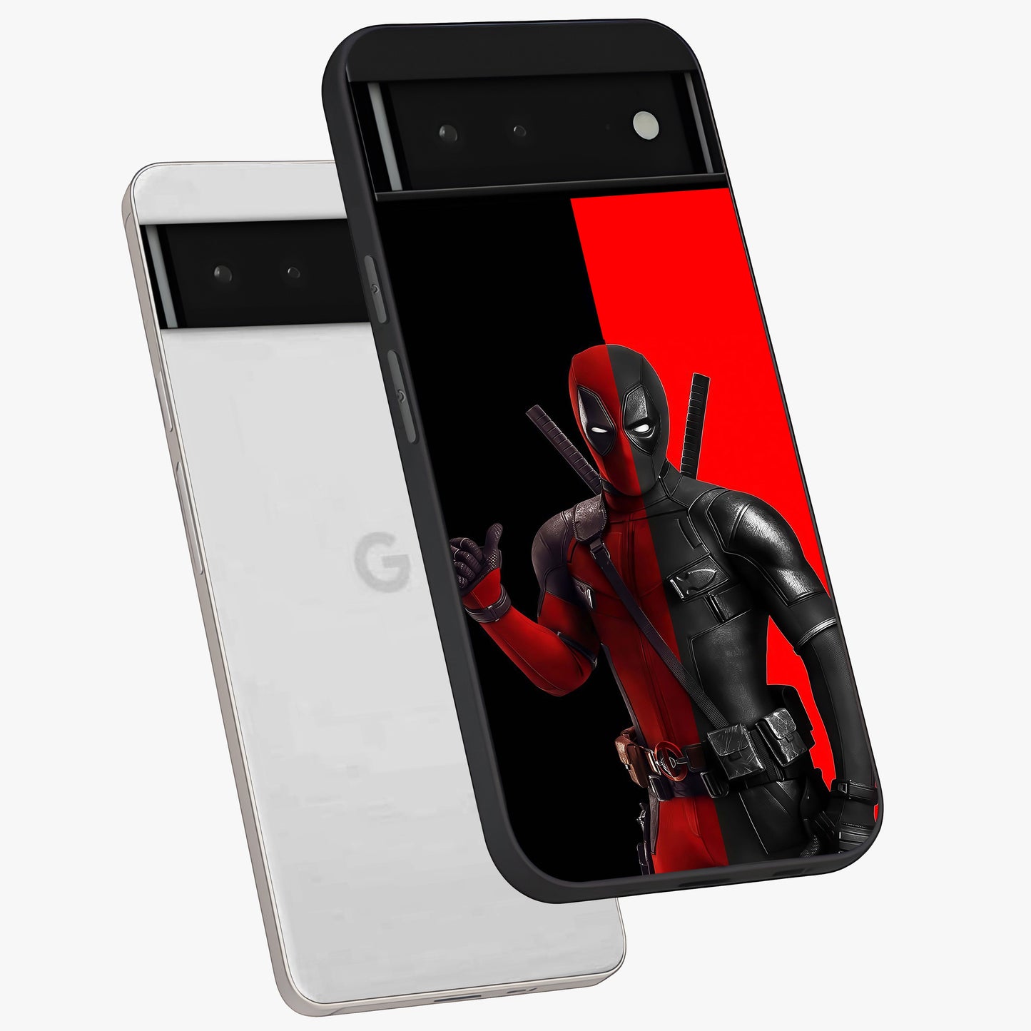 Red & Black Deadpool Theme Glass Case displayed in angled mockup highlighting vibrant superhero style illustration with action aesthetic.