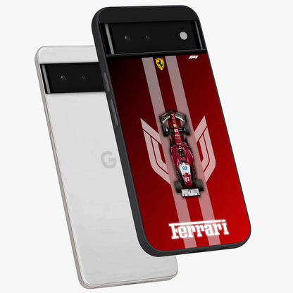 Red Ferrari F1 Vertical Glass Case displayed in angled mockup highlighting high speed racing design with bold automotive aesthetic.