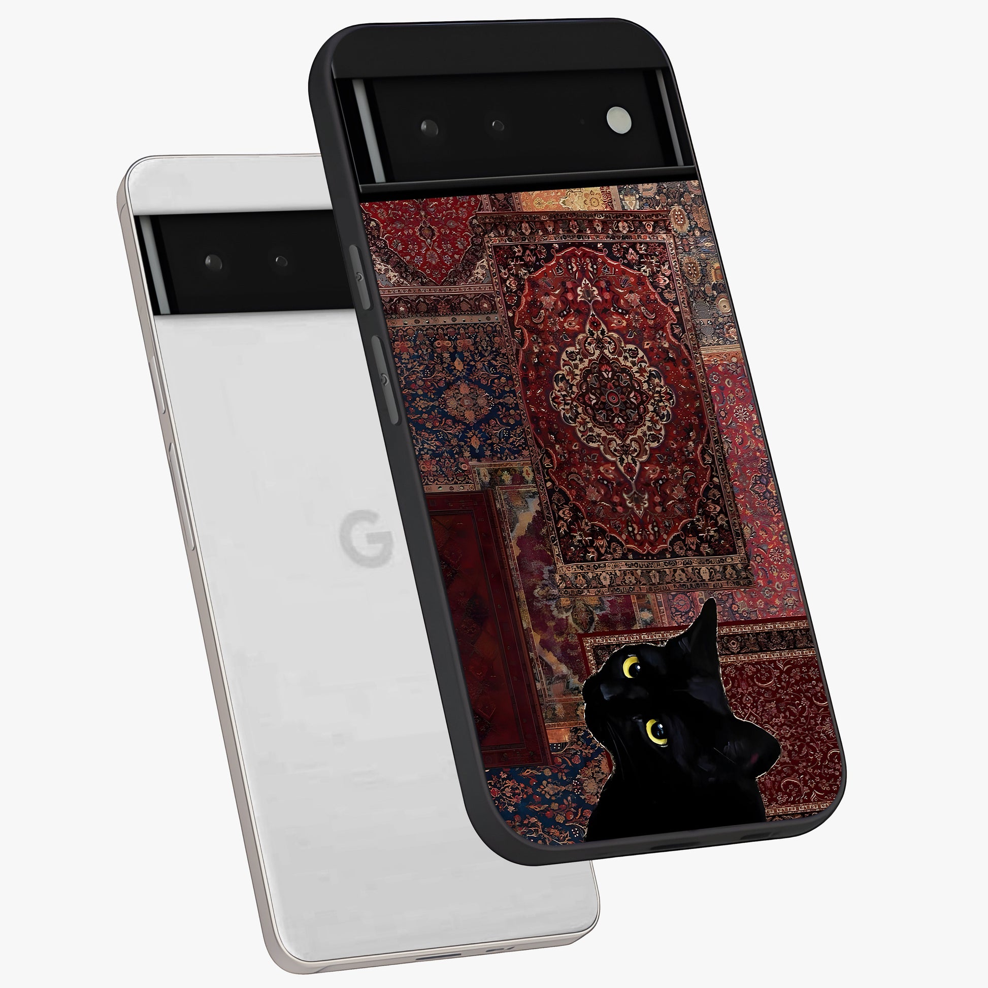 Regal Magic Cat Apple Glass Case displayed in angled mockup highlighting whimsical feline design with fantasy aesthetic.
