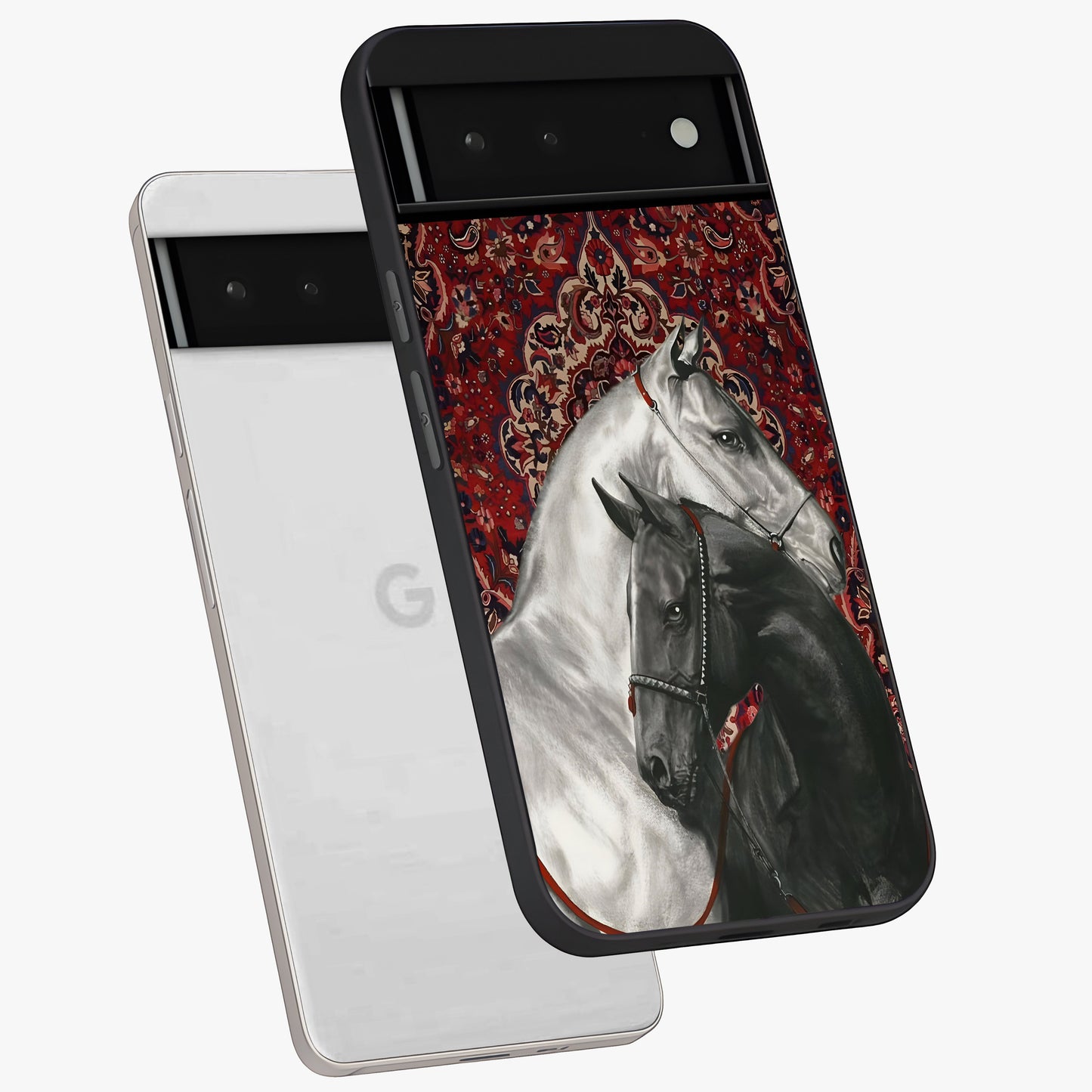 Regal Stallion Tapestry Glass Case displayed in angled mockup highlighting royal stallion design with decorative heritage aesthetic.