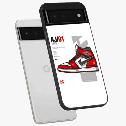 Retro Sneaker Blueprint Glass Case displayed in angled mockup highlighting detailed shoe design with sporty retro aesthetic.