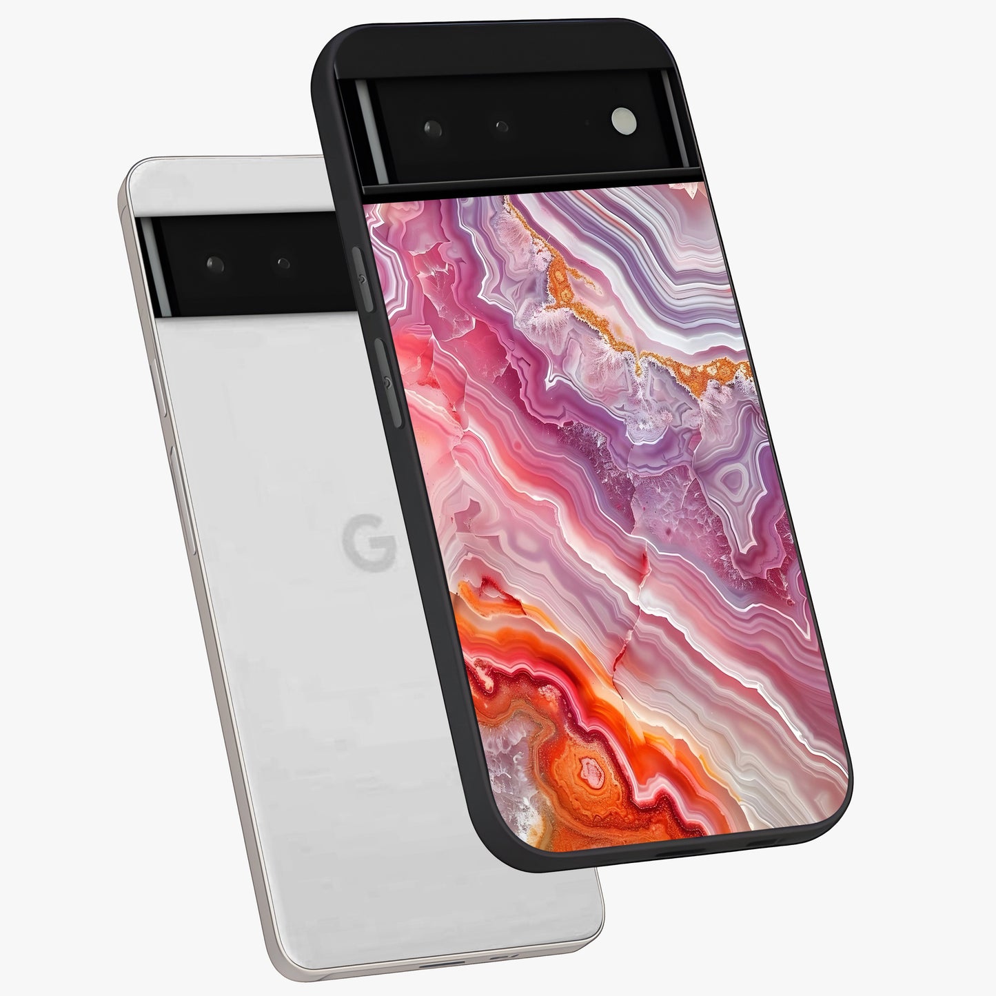 Rose Quartz Marble Glass Case displayed in angled mockup highlighting elegant marble pattern with soft aesthetic style.