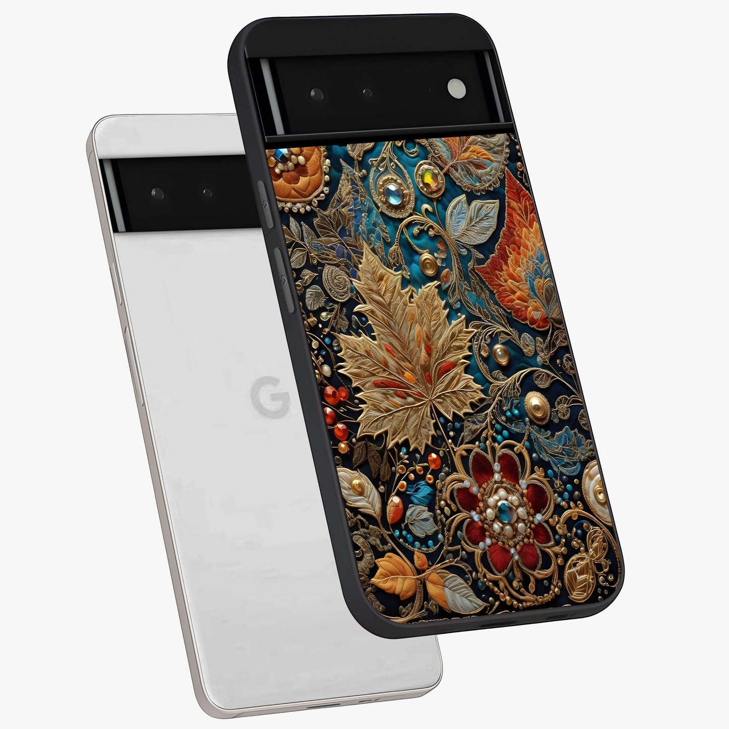 Royal Jewel Garden Glass Case displayed in angled mockup highlighting vibrant jewel inspired floral design with elegant aesthetic.
