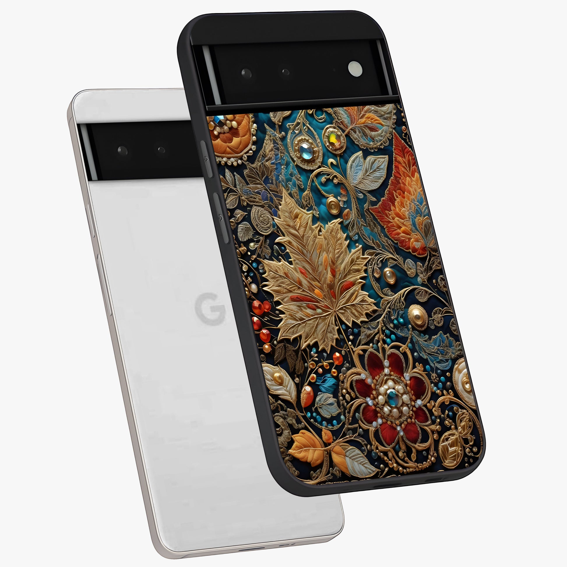 Royal Jewel Garden Glass Case displayed in angled mockup highlighting vibrant jewel inspired floral design with elegant aesthetic.