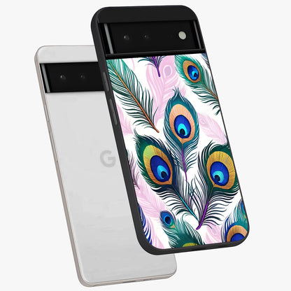 Royal Peacock Feathers Glass Case displayed in angled mockup highlighting vibrant feather pattern with regal aesthetic style.