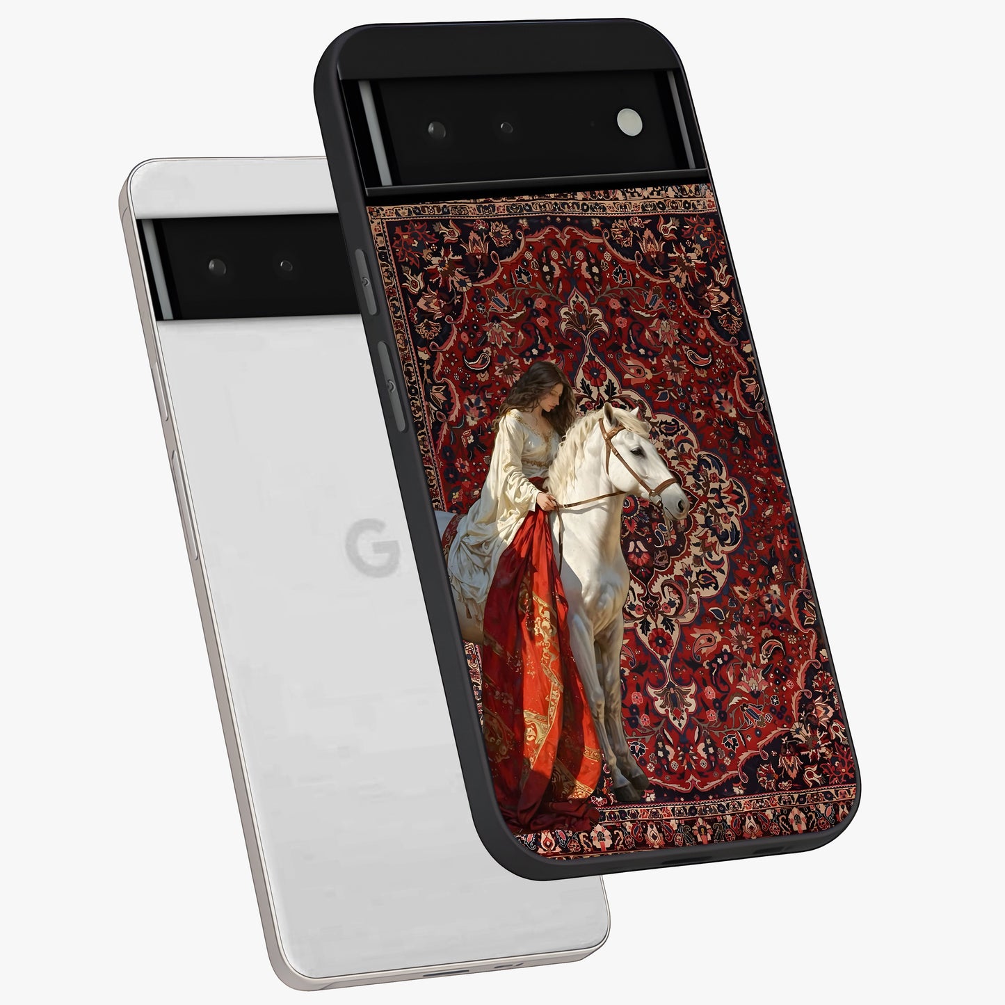 Royal Rider Tapestry Glass Case displayed in angled mockup highlighting traditional tapestry design with royal heritage aesthetic.