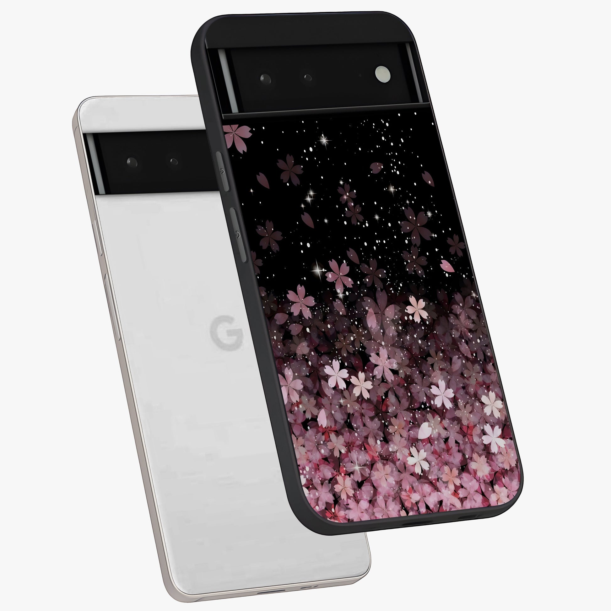 Small Starry Flowers Glass Case displayed in angled mockup highlighting tiny flower pattern with celestial aesthetic style.