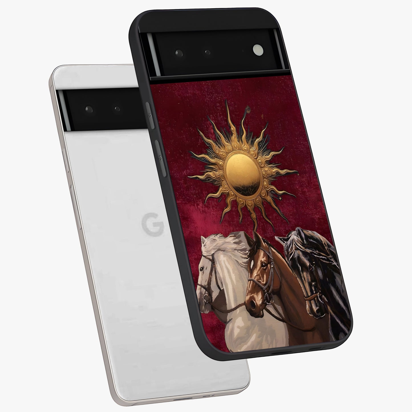 Solar Riders Glass Case displayed in angled mockup highlighting powerful rider illustration with radiant solar aesthetic.