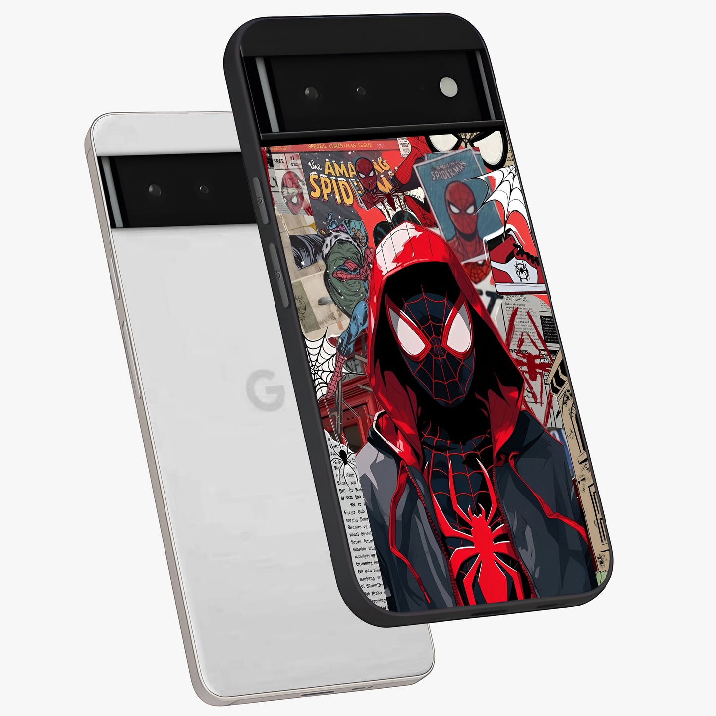 Spider Collage Street Glass Case displayed in angled mockup highlighting dynamic street style collage design with comic aesthetic.