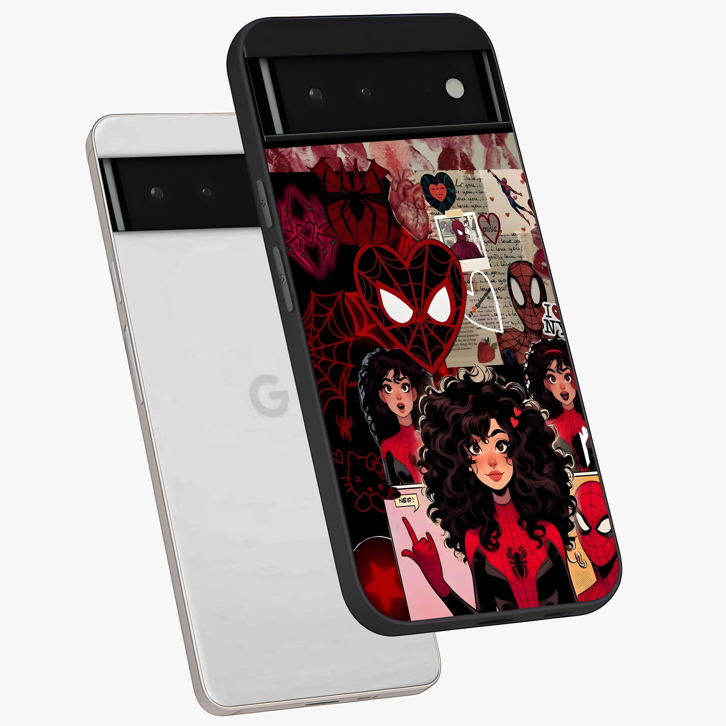 Spider Love Story Glass Case displayed in angled mockup highlighting expressive comic inspired design with playful aesthetic.
