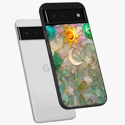 Stained Sunrise Glow Glass Case displayed in angled mockup highlighting radiant sunrise design with artistic aesthetic style.