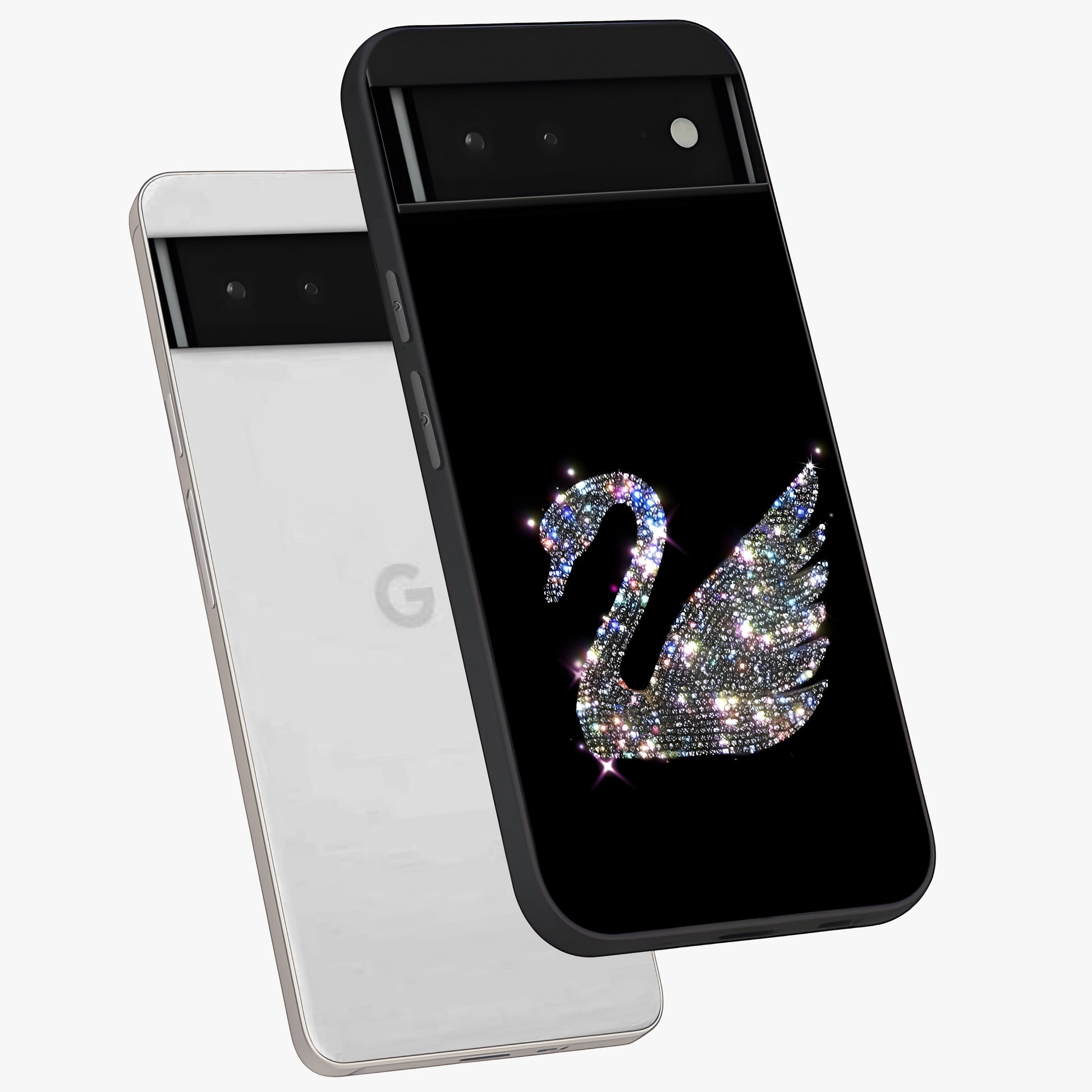 Starlit Swan Grace Glass Case displayed in angled mockup highlighting elegant swan illustration with dreamy celestial aesthetic.