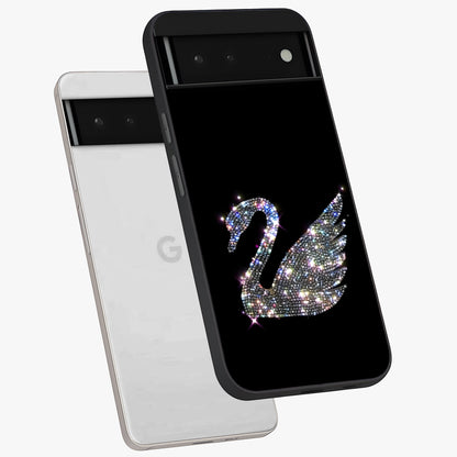 Starlit Swan Grace Glass Case displayed in angled mockup highlighting elegant swan illustration with dreamy celestial aesthetic.