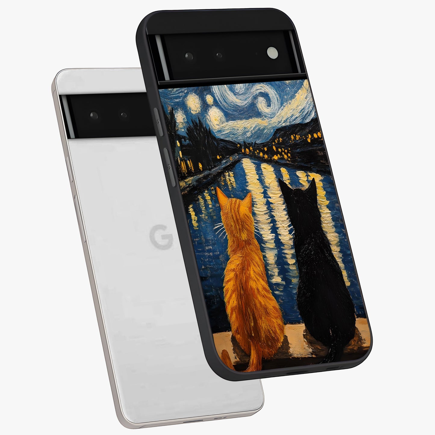 Starry River Cats Glass Case displayed in angled mockup highlighting charming feline illustration with dreamy night aesthetic.