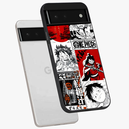 Strawhat Chaos Panels Glass Case displayed in angled mockup highlighting vibrant anime collage design with action aesthetic.