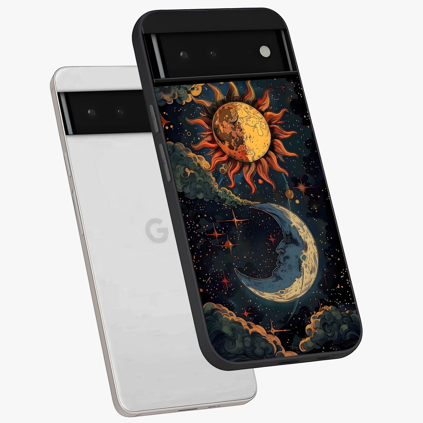Sun And Moon Magic Design Glass Case displayed in angled mockup highlighting celestial design with magical cosmic aesthetic.