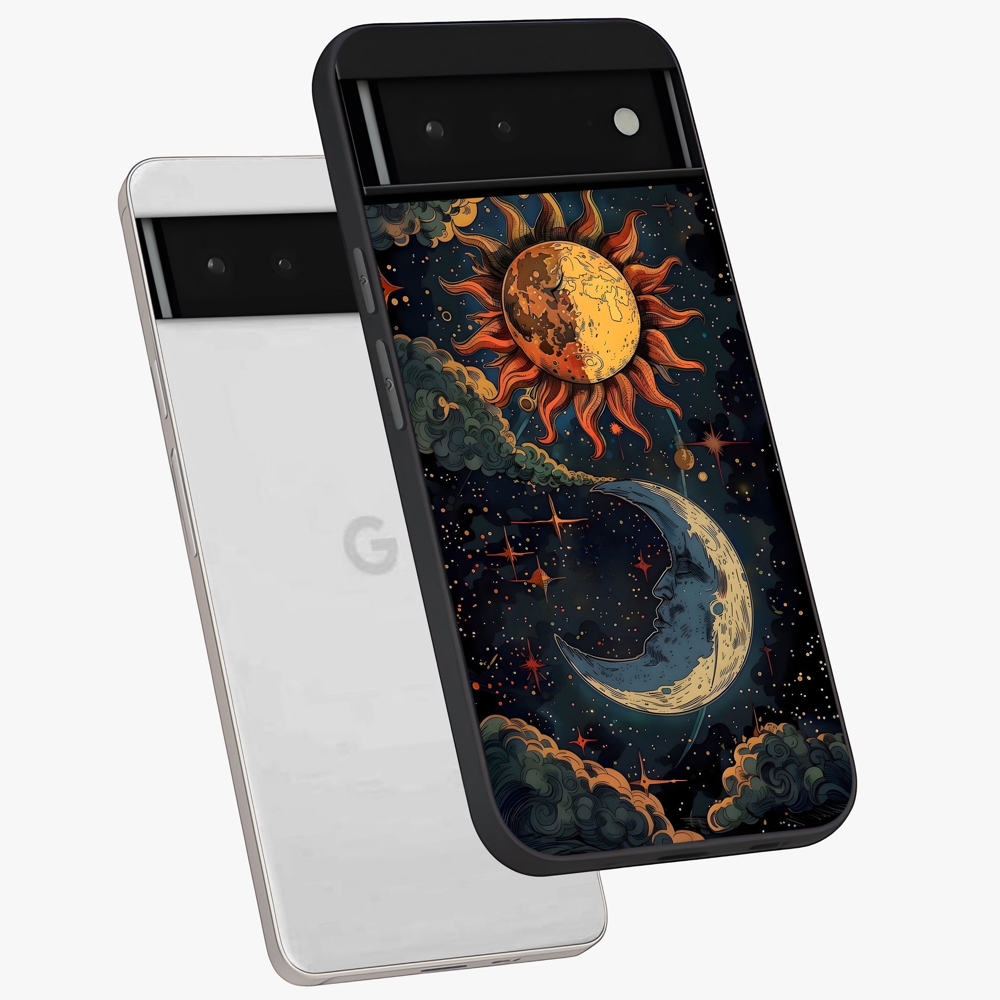 Sun And Moon Magic Design Glass Case displayed in angled mockup highlighting celestial design with magical cosmic aesthetic.